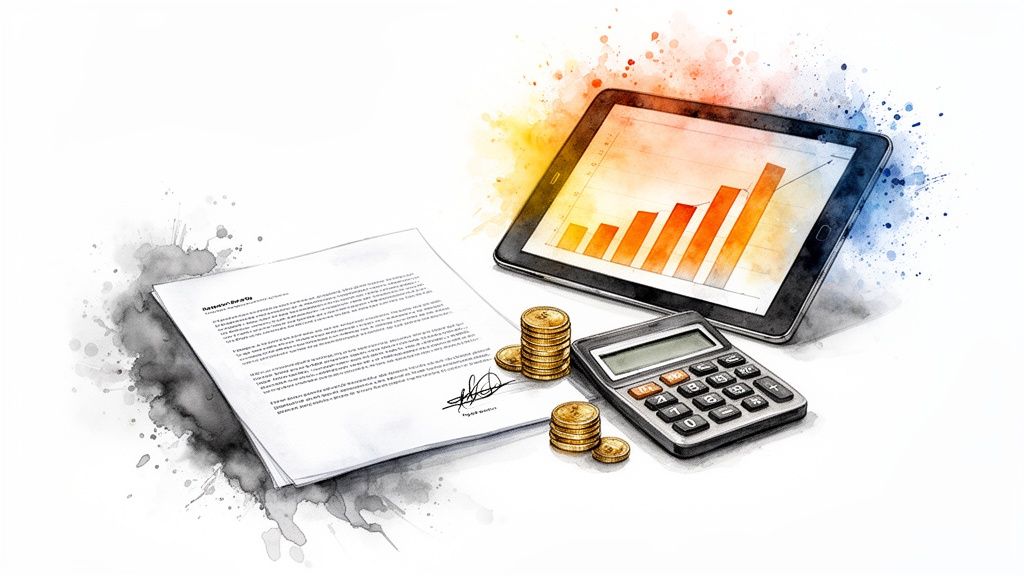 Business documents, tablet with growth chart, calculator, and coins represent financial planning.