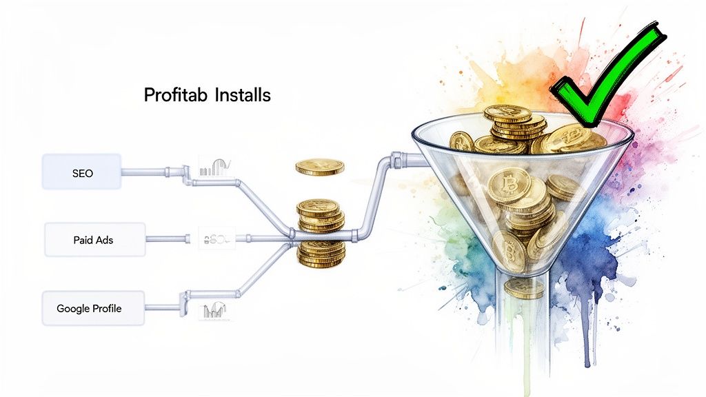 Marketing funnel with SEO, Paid Ads, Google Profile leading to profitable installs and gold coins.