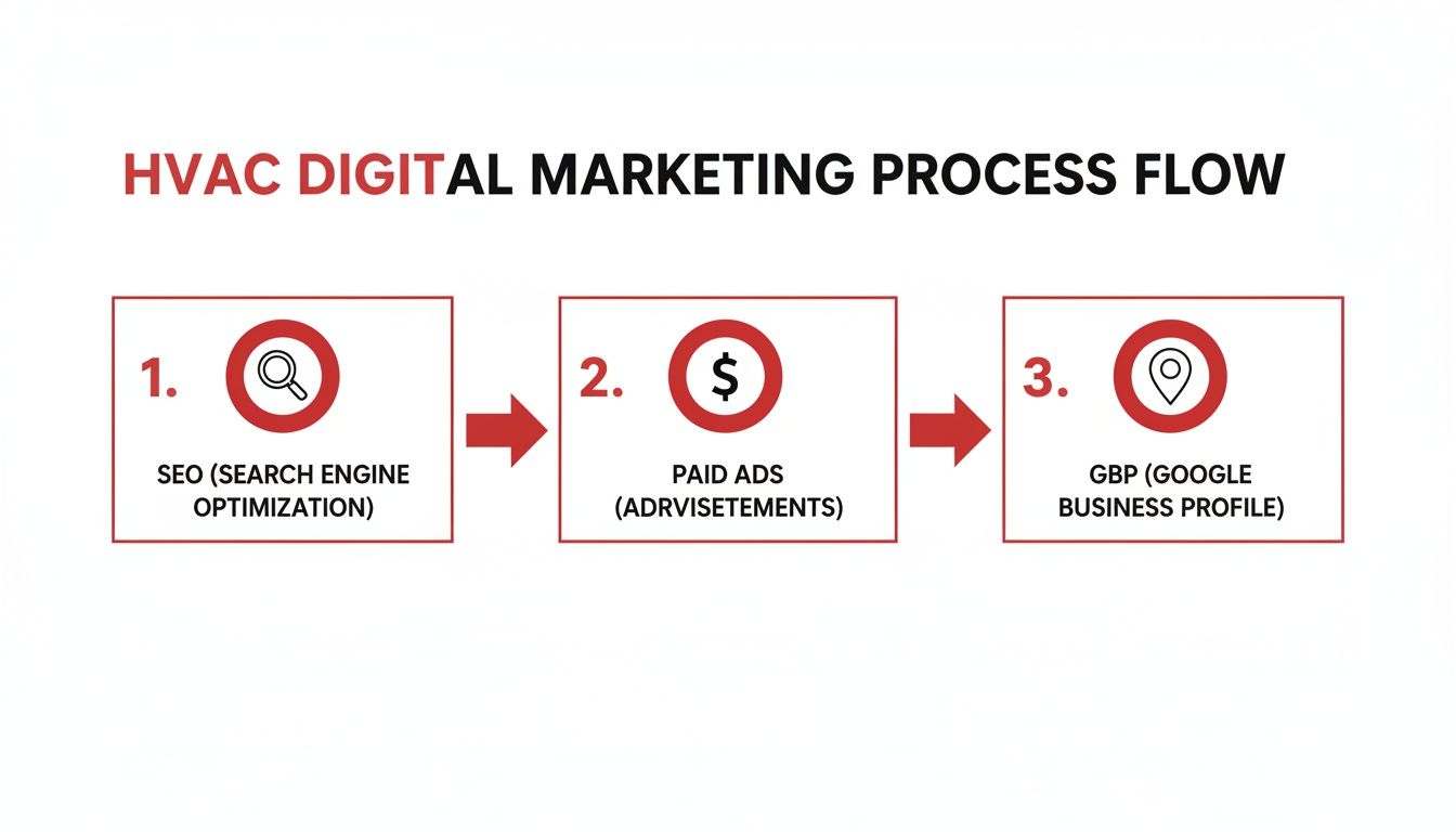 Flowchart detailing the HVAC digital marketing process, including SEO, paid ads, and Google Business Profile.