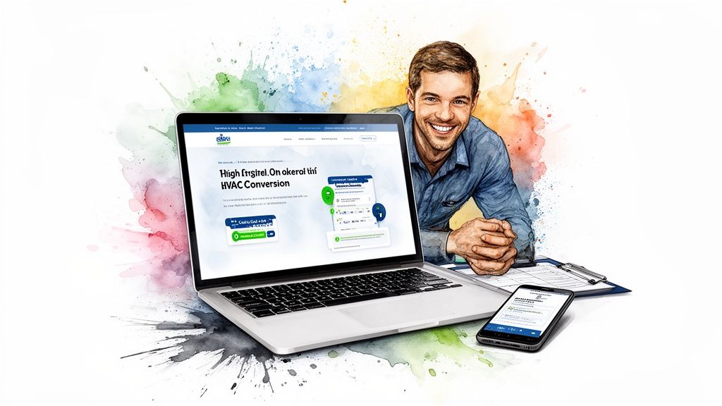 Smiling man with a laptop displaying a website about HVAC conversion, along with a smartphone.