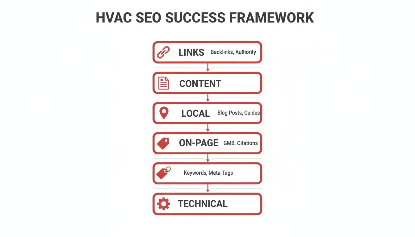 Flowchart outlining the HVAC SEO success framework with key steps for links, content, local, on-page, and technical.