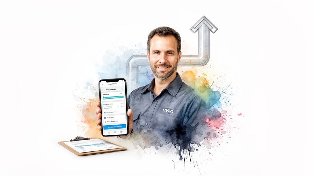 Smiling HVAC technician holds a smartphone with a service app, alongside a clipboard and pipe arrow.