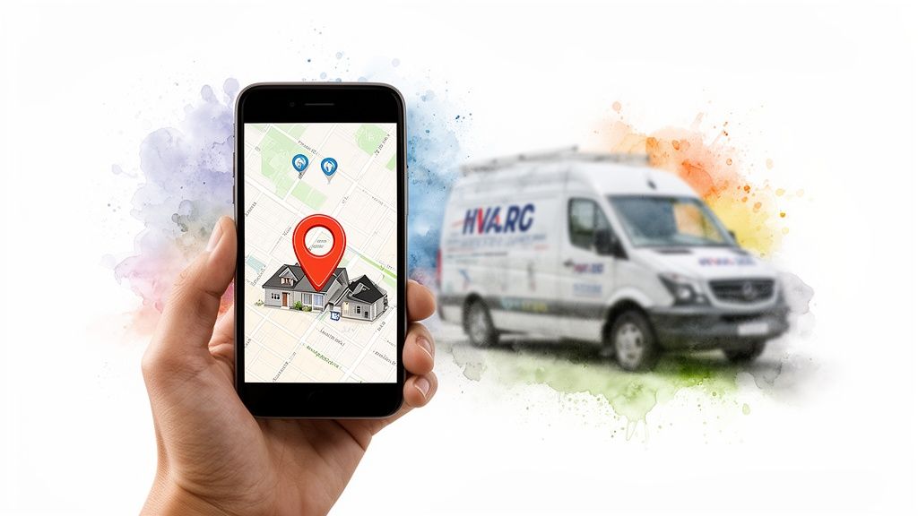 Hand holding smartphone with map app showing a house location, an HVAC service van in the background.