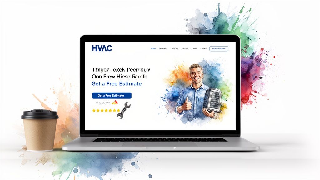 Laptop displaying an HVAC company website with a smiling technician offering a free estimate.