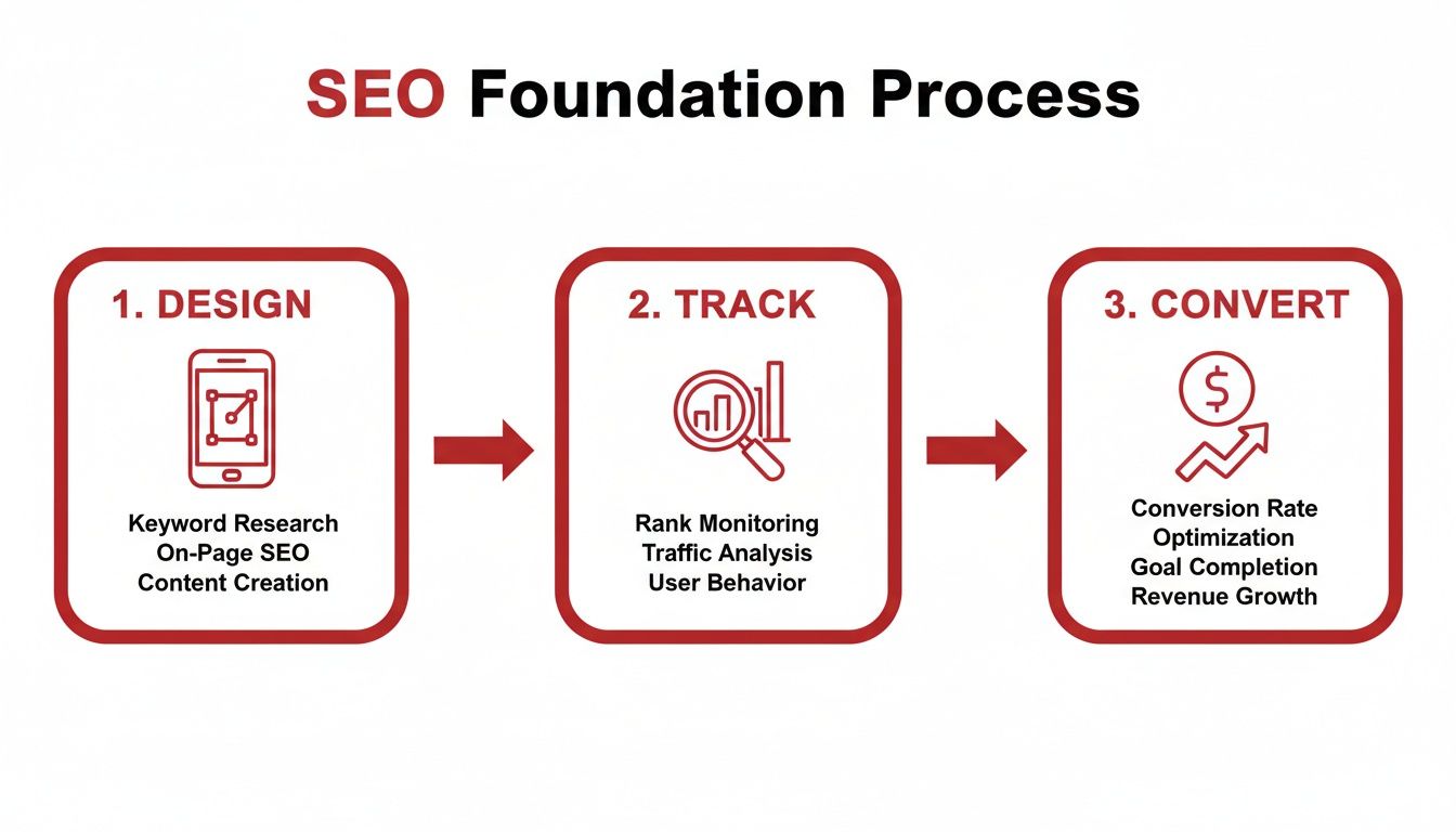 Flowchart showing the SEO Foundation Process with three main steps: Design, Track, and Convert, detailing key activities.