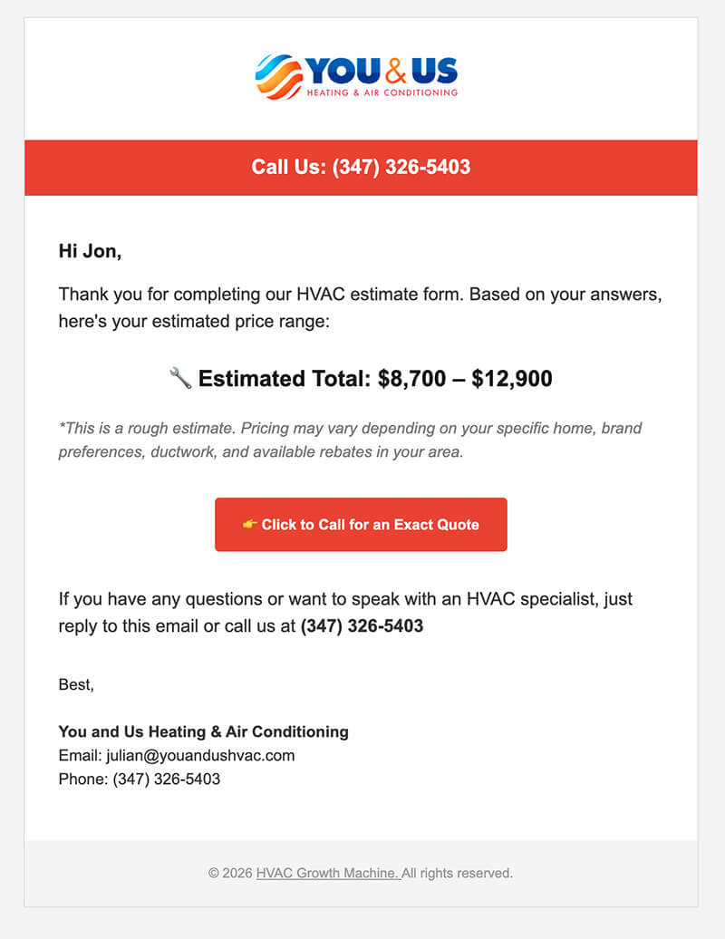 hvac instant estimate email